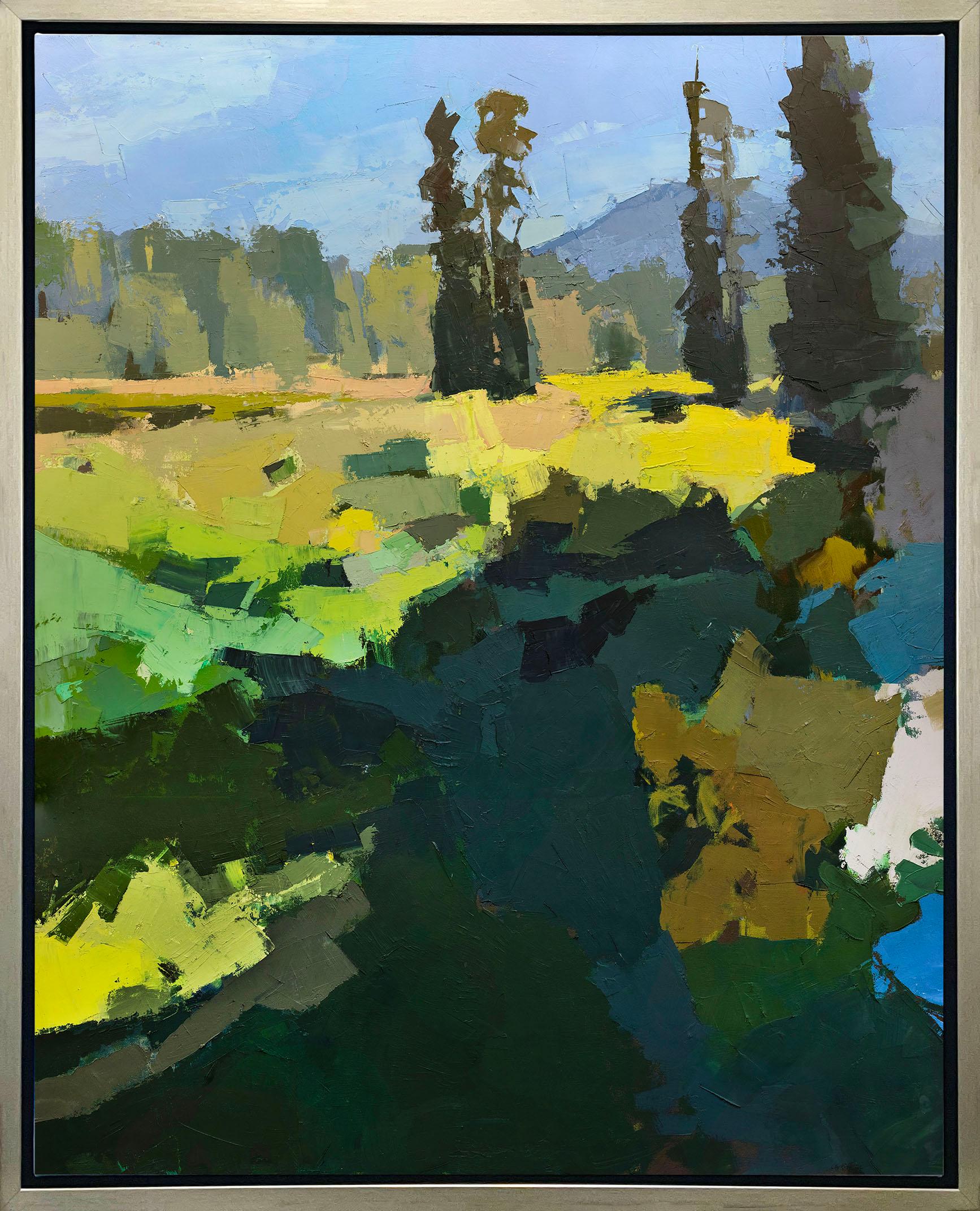 This Limited Edition giclee landscape print by Bri Custer is an edition size of 195. It features a blue and green palette with vibrant yellow accents, and captures an abstracted landscape with large trees in the distance. Printed on canvas, this