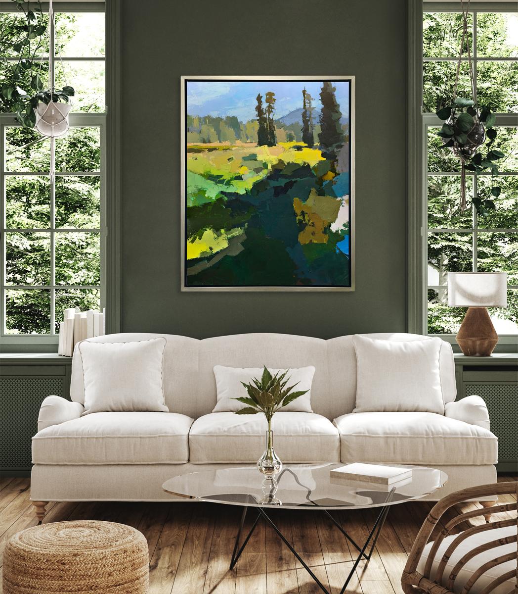 This Limited Edition giclee landscape print by Bri Custer is an edition size of 195. It features a blue and green palette with vibrant yellow accents, and captures an abstracted landscape with large trees in the distance. Printed on canvas, this