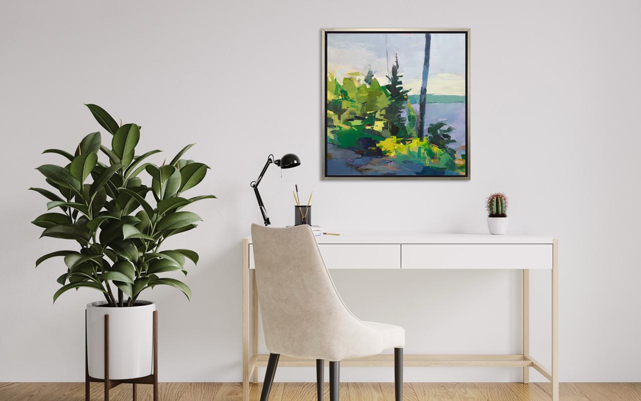 This Limited Edition giclee landscape print by Bri Custer features a bright blue, green, and lavender palette, and captures a view of the coast from behind pine trees. It is an edition size of 195. Printed on canvas, this giclee ships framed in a