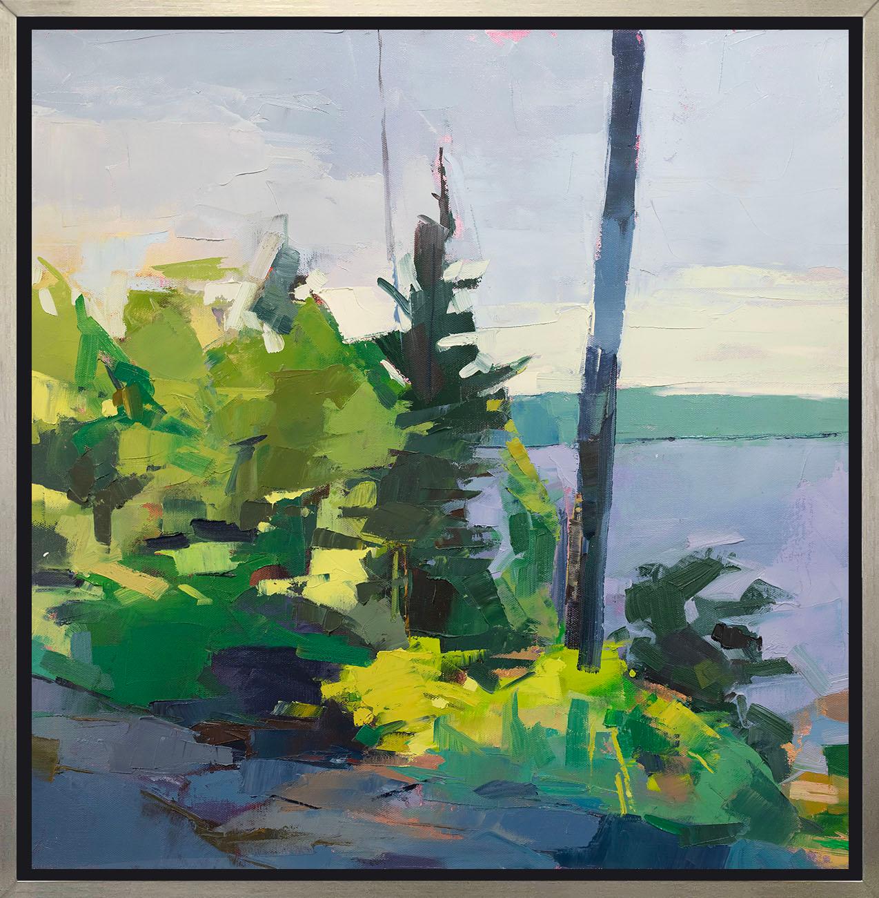 This Limited Edition giclee landscape print by Bri Custer features a bright blue, green, and lavender palette, and captures a view of the coast from behind pine trees. It is an edition size of 195. Printed on canvas, this giclee ships framed in a