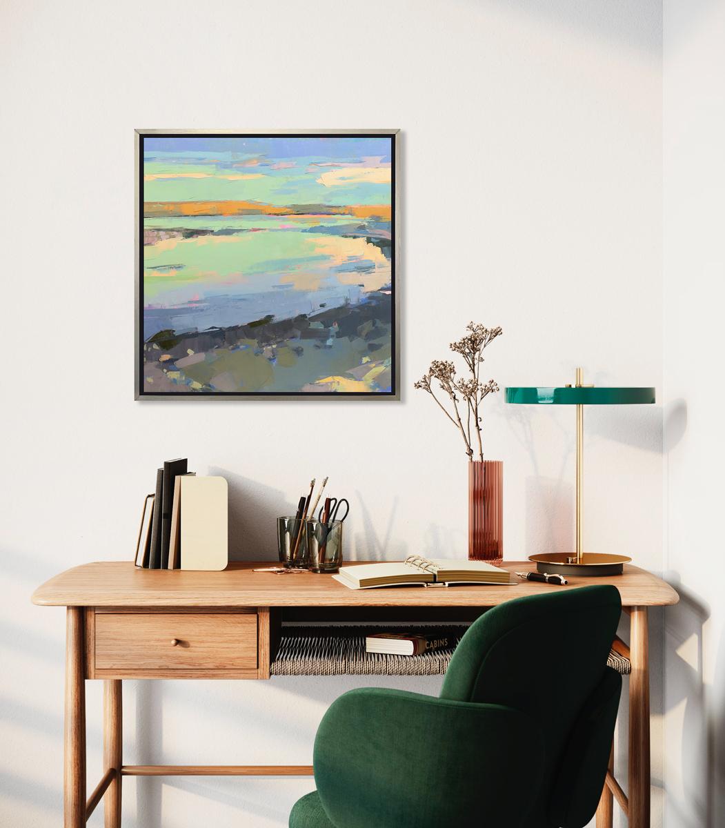 This Limited Edition giclee landscape print by Bri Custer is an edition size of 195. It features a light green, blue, and mint green palette. Printed on canvas, this giclee ships framed in a warm silver floater frame wired and ready to hang. Other