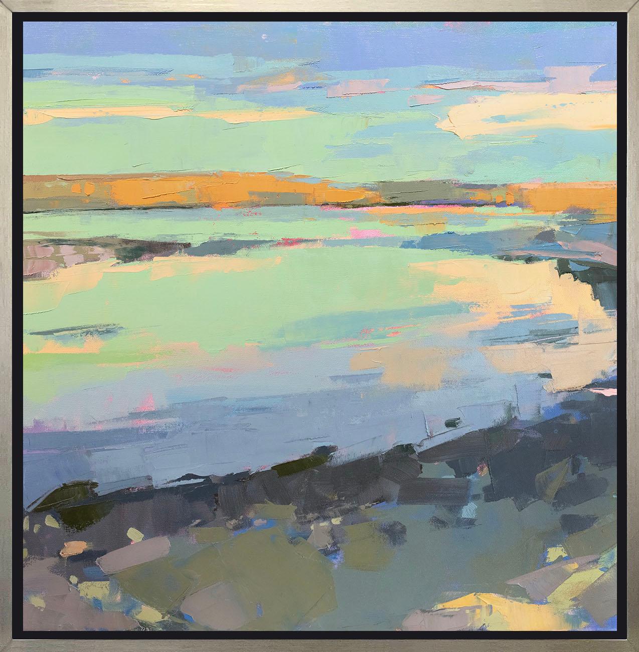 This Limited Edition giclee landscape print by Bri Custer is an edition size of 195. It features a light green, blue, and mint green palette. Printed on canvas, this giclee ships framed in a warm silver floater frame wired and ready to hang. Other