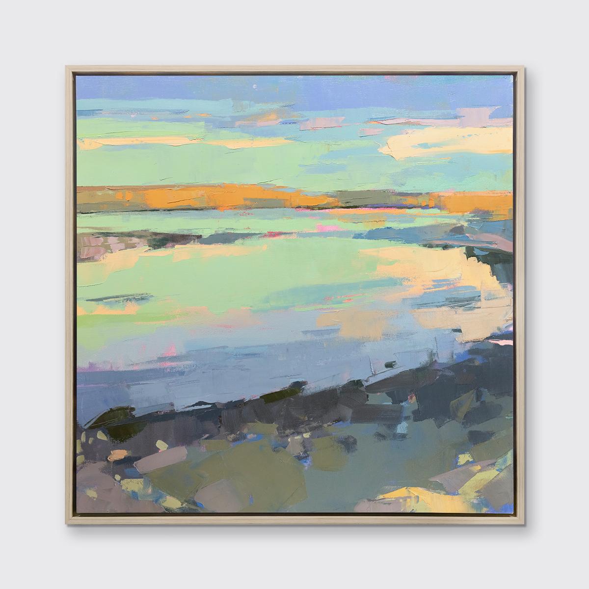 Diese limitierte Auflage des Giclée-Landschaftsdrucks von Bri Custer hat eine Auflage von 195 Stück. Sie ist in den Farben Hellgrün, Blau und Mintgrün gehalten. Dieses auf Leinwand gedruckte Giclée wird in einem warmen, silberfarbenen Floater-Rahmen
