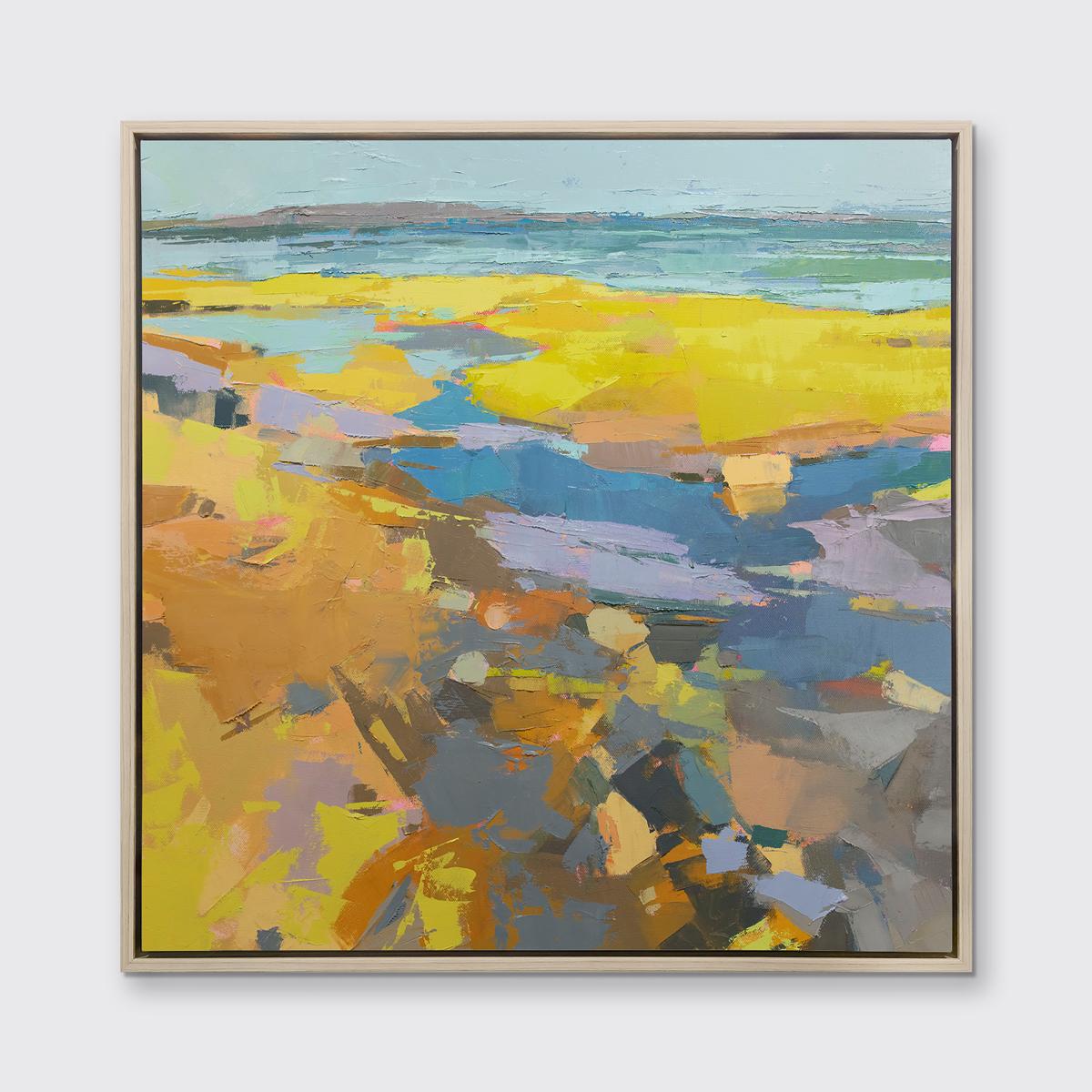 This Limited Edition giclee landscape print by Bri Custer is an edition size of 195. It features a vibrant blue and yellow palette. It captures an abstracted view of a shoreline. Printed on canvas, this giclee ships framed in a warm silver floater