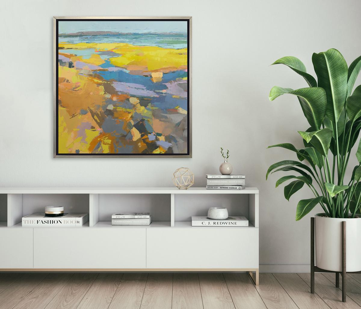 This Limited Edition giclee landscape print by Bri Custer is an edition size of 195. It features a vibrant blue and yellow palette. It captures an abstracted view of a shoreline. Printed on canvas, this giclee ships framed in a warm silver floater
