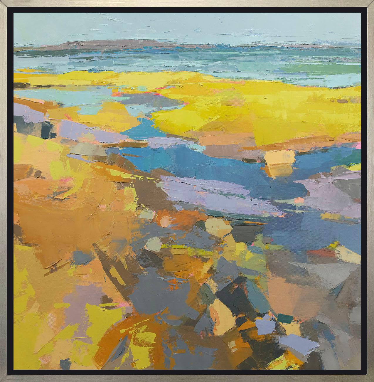 This Limited Edition giclee landscape print by Bri Custer is an edition size of 195. It features a vibrant blue and yellow palette. It captures an abstracted view of a shoreline. Printed on canvas, this giclee ships framed in a warm silver floater