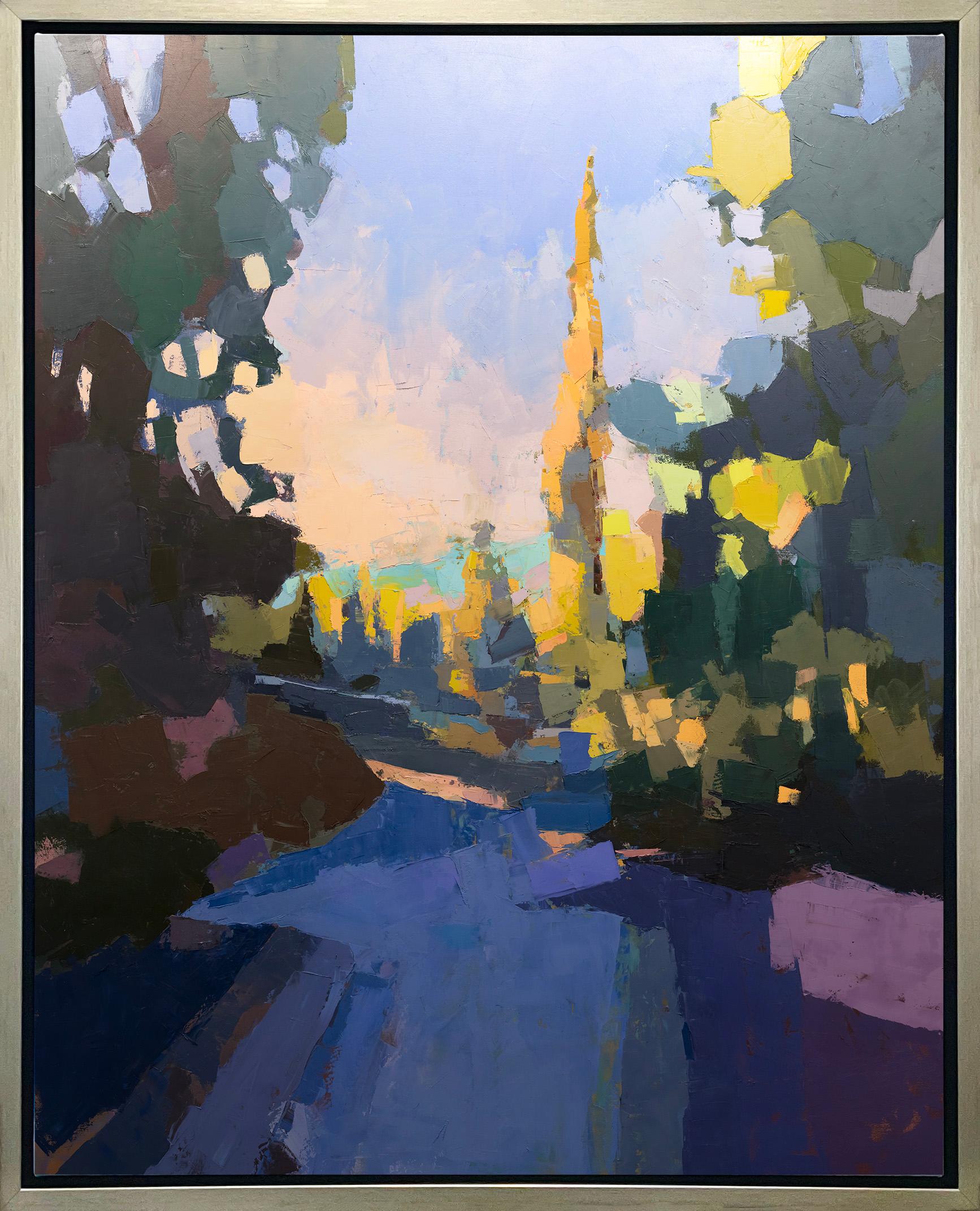 This Limited Edition giclee landscape print by Bri Custer is an edition size of 195. It features a cool blue palette with warm orange and pink accents throughout. Printed on canvas, this giclee ships framed in a warm silver floater frame wired and