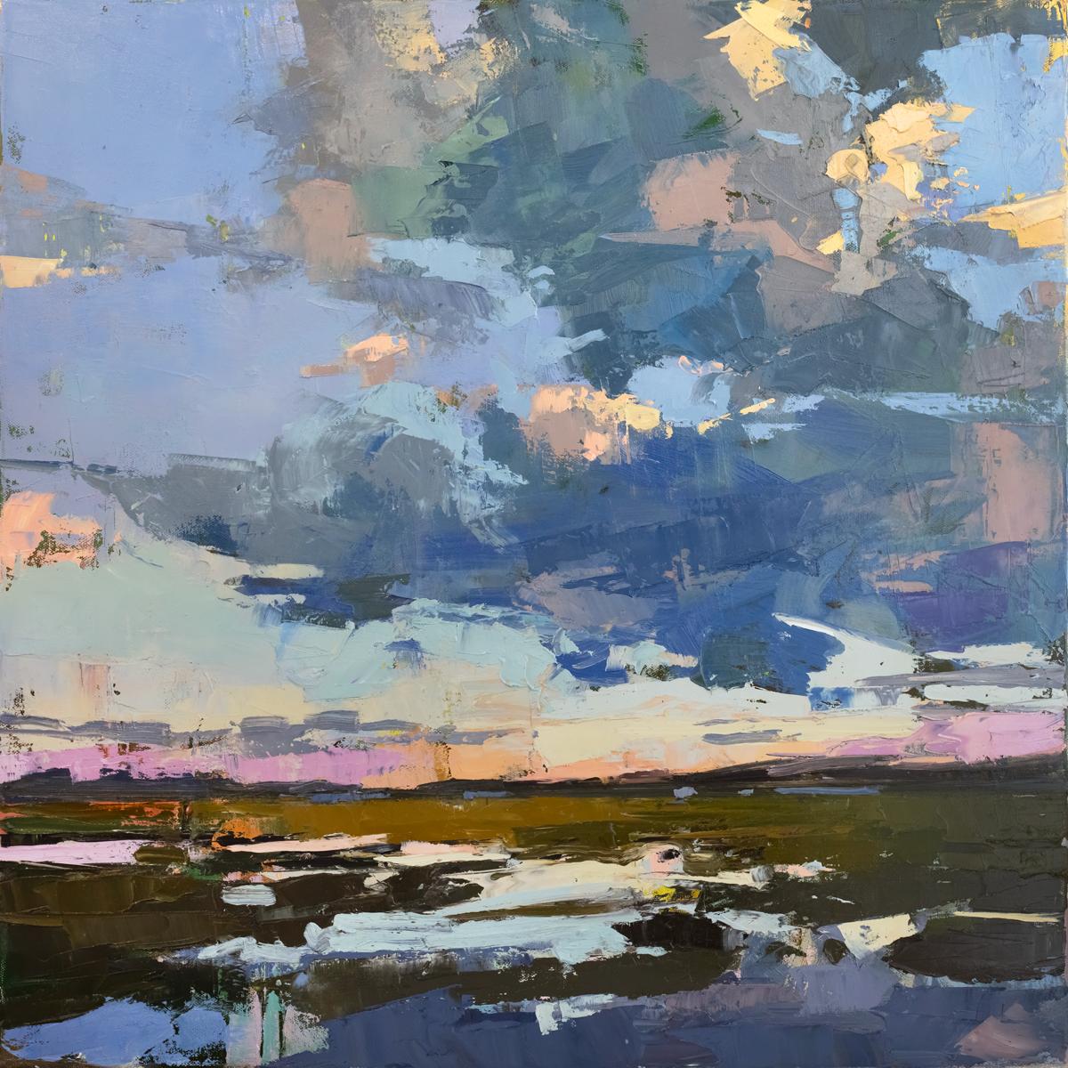 This Limited Edition giclee abstracted coastal landscape print by Bri Custer is an edition size of 195. It features a blue palette with warm pink and orange accents throughout.  Printed on canvas, this giclee ships framed in a warm silver floater