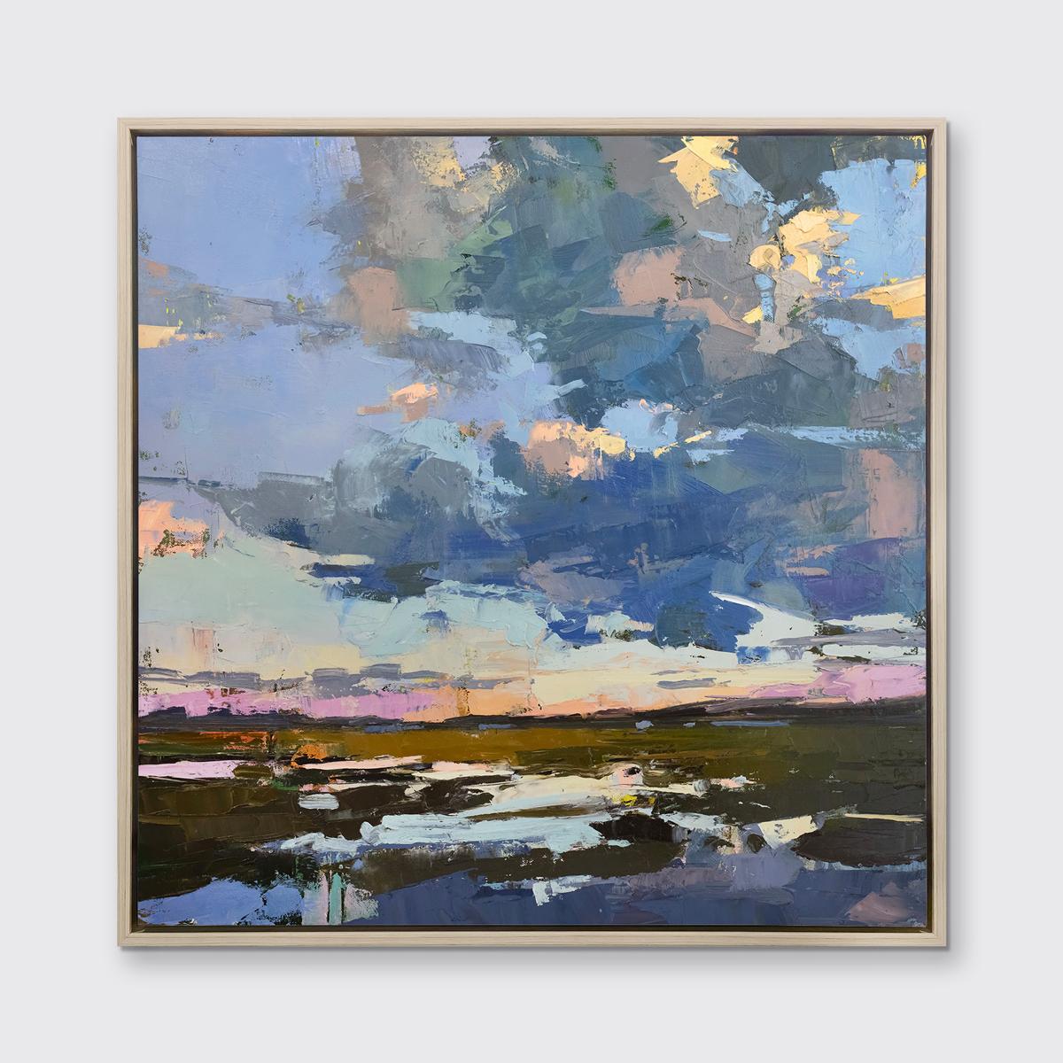 Ce paysage côtier abstrait imprimé en giclée en édition limitée par Bri Custer est édité à 195 exemplaires. Il présente une palette de bleus avec des accents de rose et d'orange chauds.  Imprimé sur toile, ce giclée est livré encadré dans un