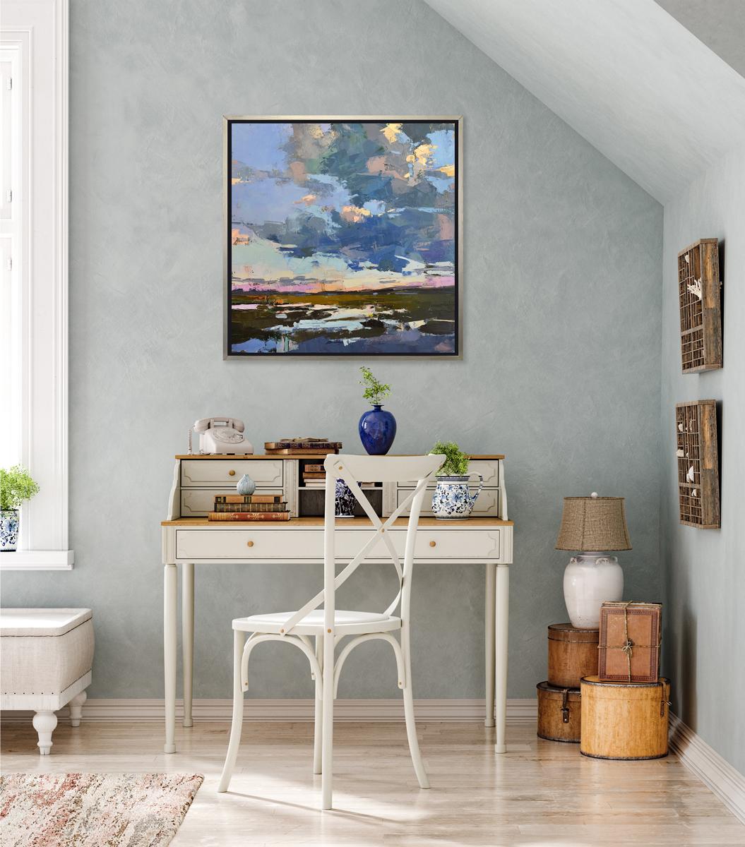 This Limited Edition giclee abstracted coastal landscape print by Bri Custer is an edition size of 195. It features a blue palette with warm pink and orange accents throughout.  Printed on canvas, this giclee ships framed in a warm silver floater