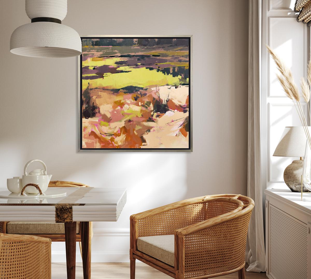 This Limited Edition giclee landscape print by Bri Custer is an edition size of 195. It features a palette of muted orange and earth tones contrasted by vibrant yellow. Printed on canvas, this giclee ships framed in a warm silver floater frame wired