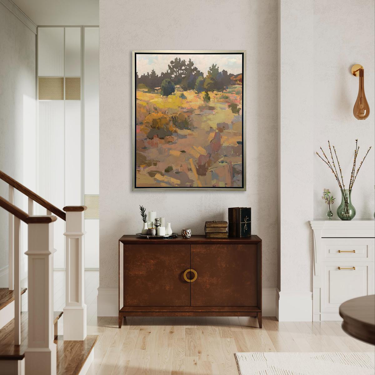 This Limited Edition giclee landscape print by Bri Custer is an edition size of 195. It features a warm, earth-toned palette. Printed on canvas, this giclee ships framed in a warm silver floater frame wired and ready to hang. Other floater frame