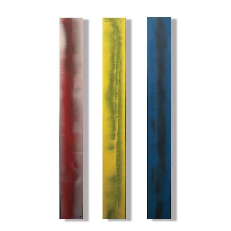 Three part contemporary abstract painting. Acrylic on metal, hand built by the artist with perfection. 

Brian Allan is a professional career artist with hundreds of  
paintings  in  private and corporate collections worldwide. 
Allan is a 4th
