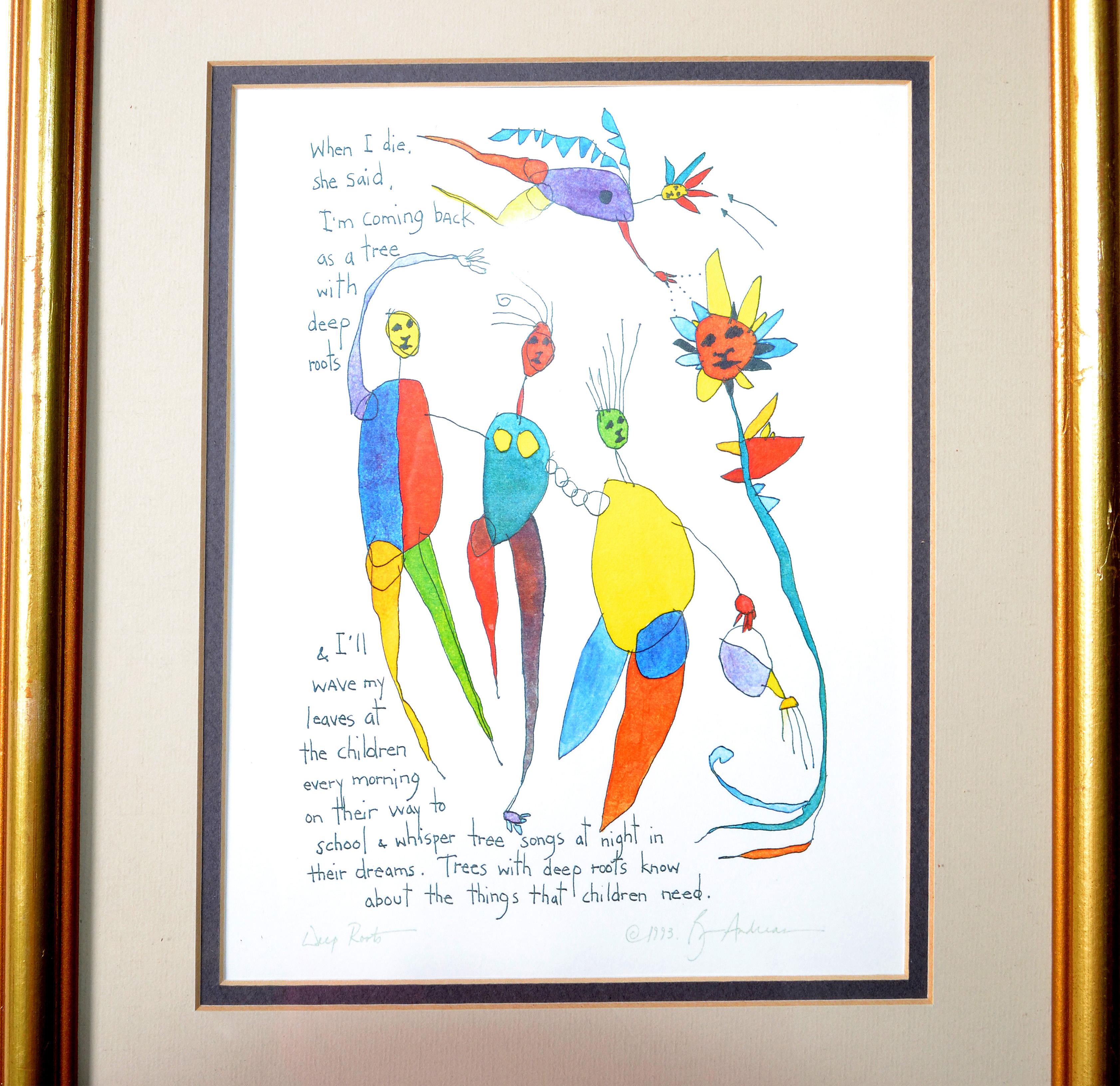 Modern Brian Andreas Story People 'Deep Roots' Print of Watercolor & Ink Drawing, 1993