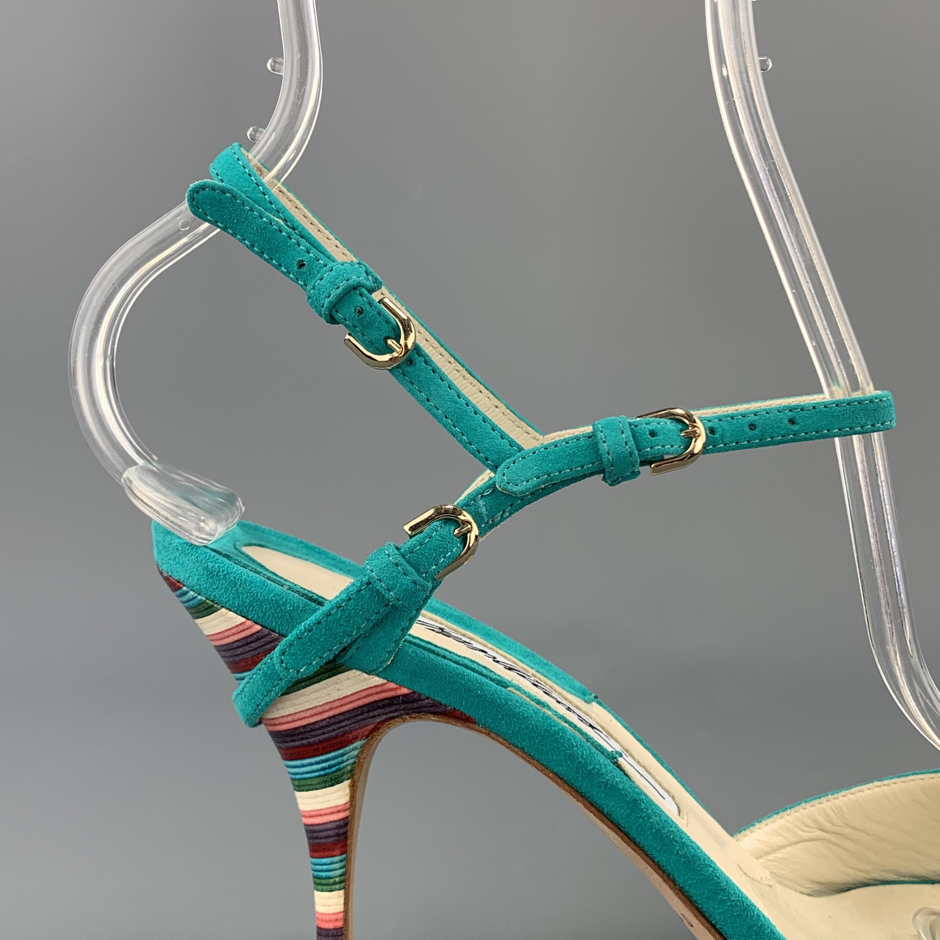 BRIAN ATWOOD 7.5 Turquoise Suede Rainbow Heel Peep Toe TRIXIE Sandals In New Condition In San Francisco, CA