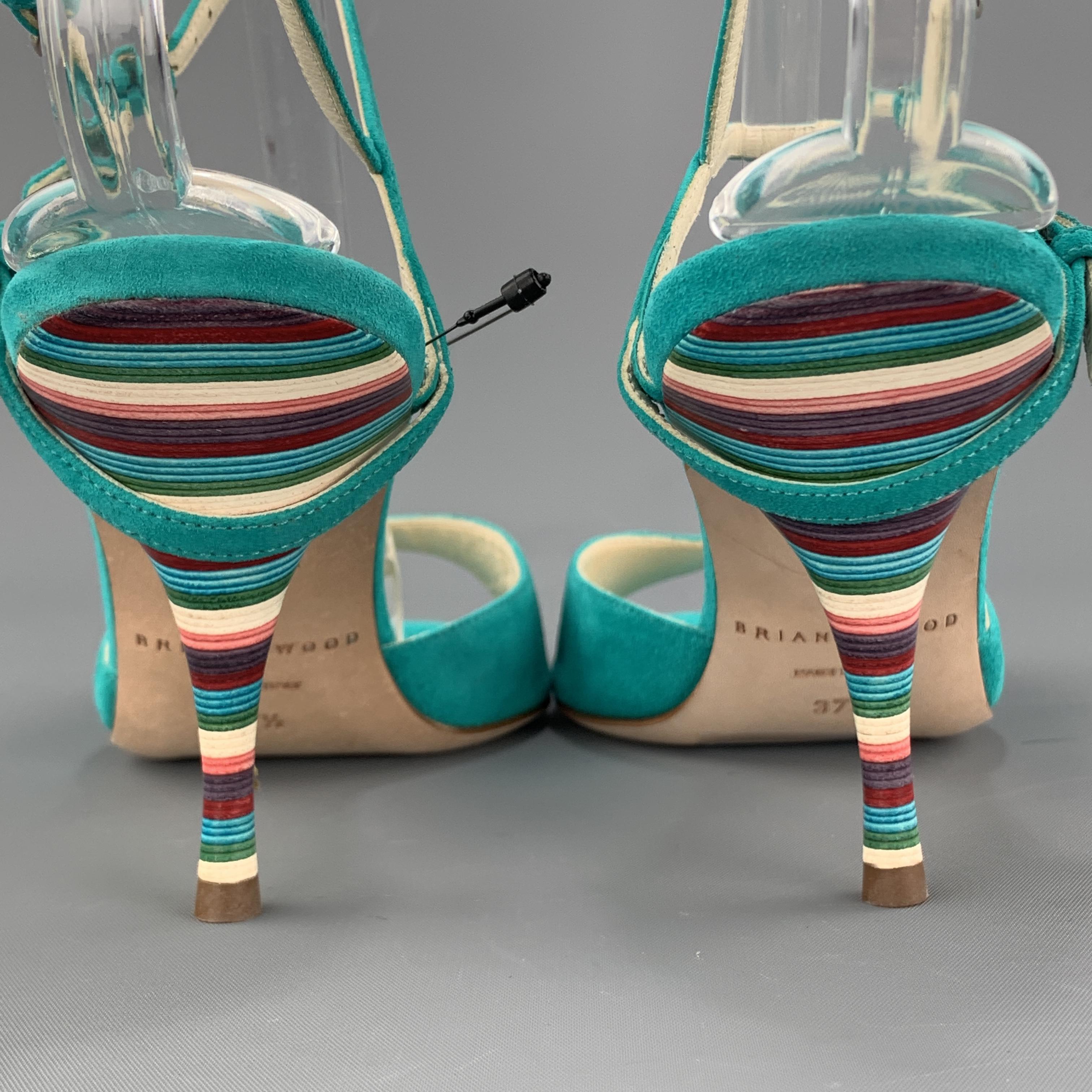 BRIAN ATWOOD 7.5 Turquoise Suede Rainbow Heel Peep Toe TRIXIE Sandals 2