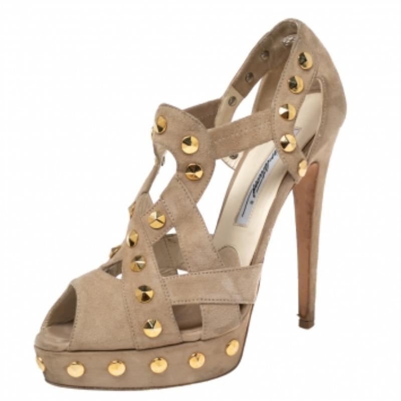 Women's Brian Atwood Beige Cut-Out Studded Suede Peep-Toe Platform Pumps Size 37.5 For Sale