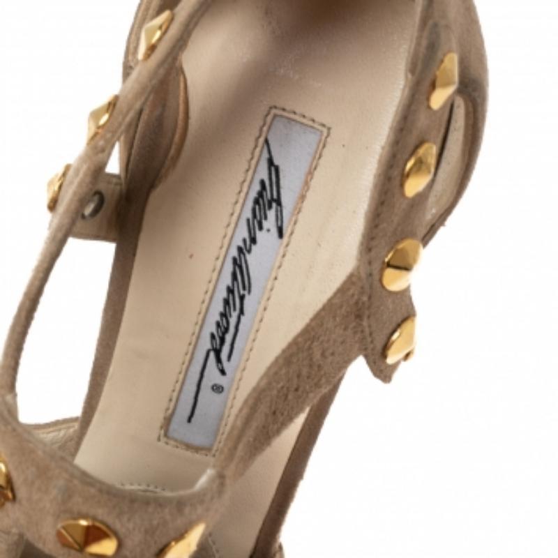 Brian Atwood Beige Cut-Out Studded Suede Peep-Toe Platform Pumps Size 37.5 For Sale 2