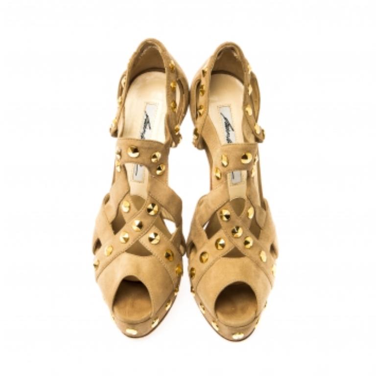 Brian Atwood Beige Cut Out Studded Suede Peep Toe Platform Sandals Size 37 en vente 3