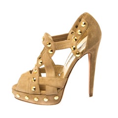 Brian Atwood Beige Cut Out Studded Suede Peep Toe Platform Sandals Size 37