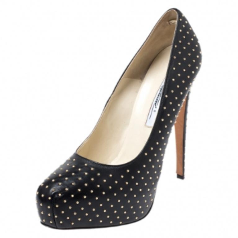 Noir Brian Atwood Black Leather Studded Platform Pumps Size 38.5 en vente