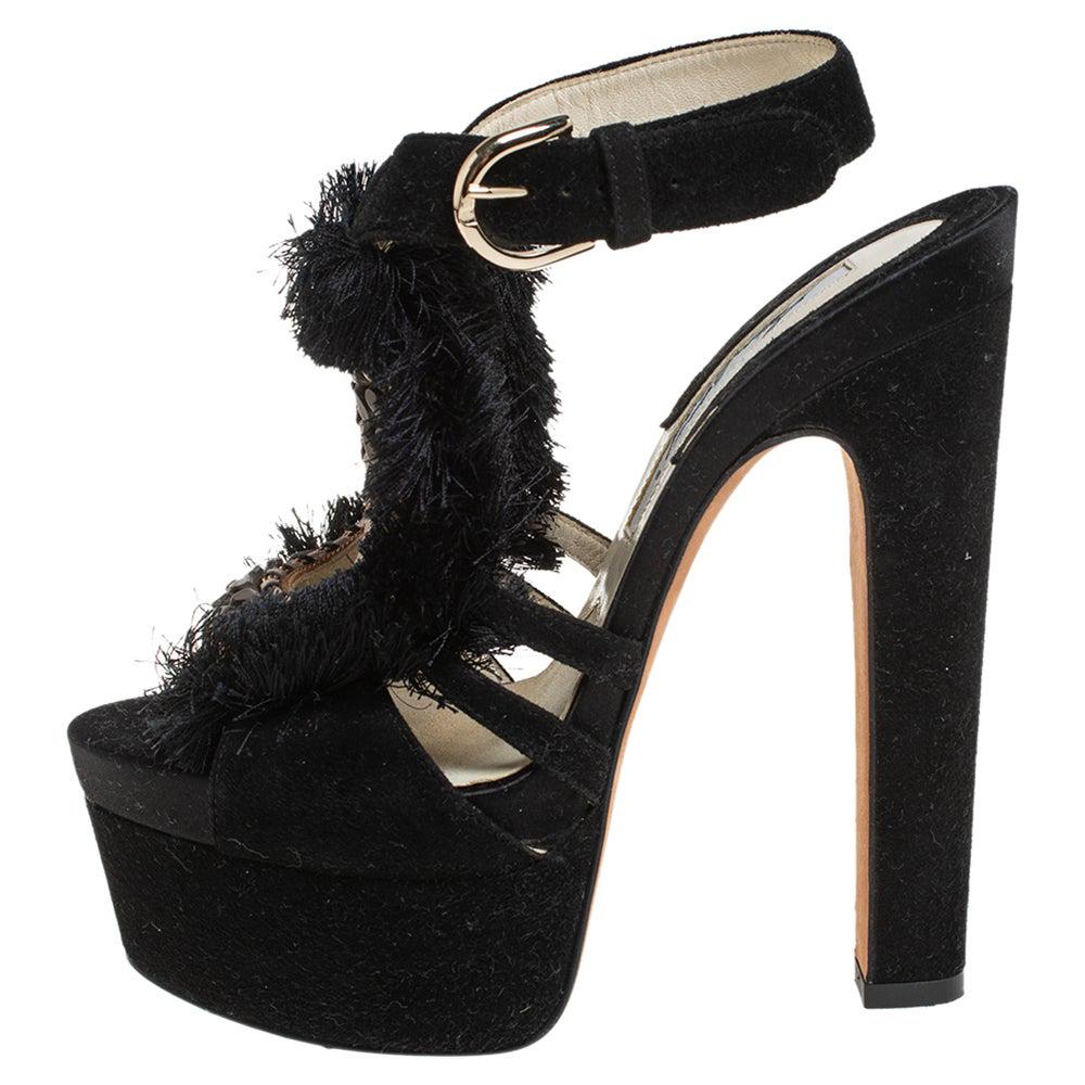 Brian Atwood Black Satin And Suede Platform Ankle Strap Sandals Size 37