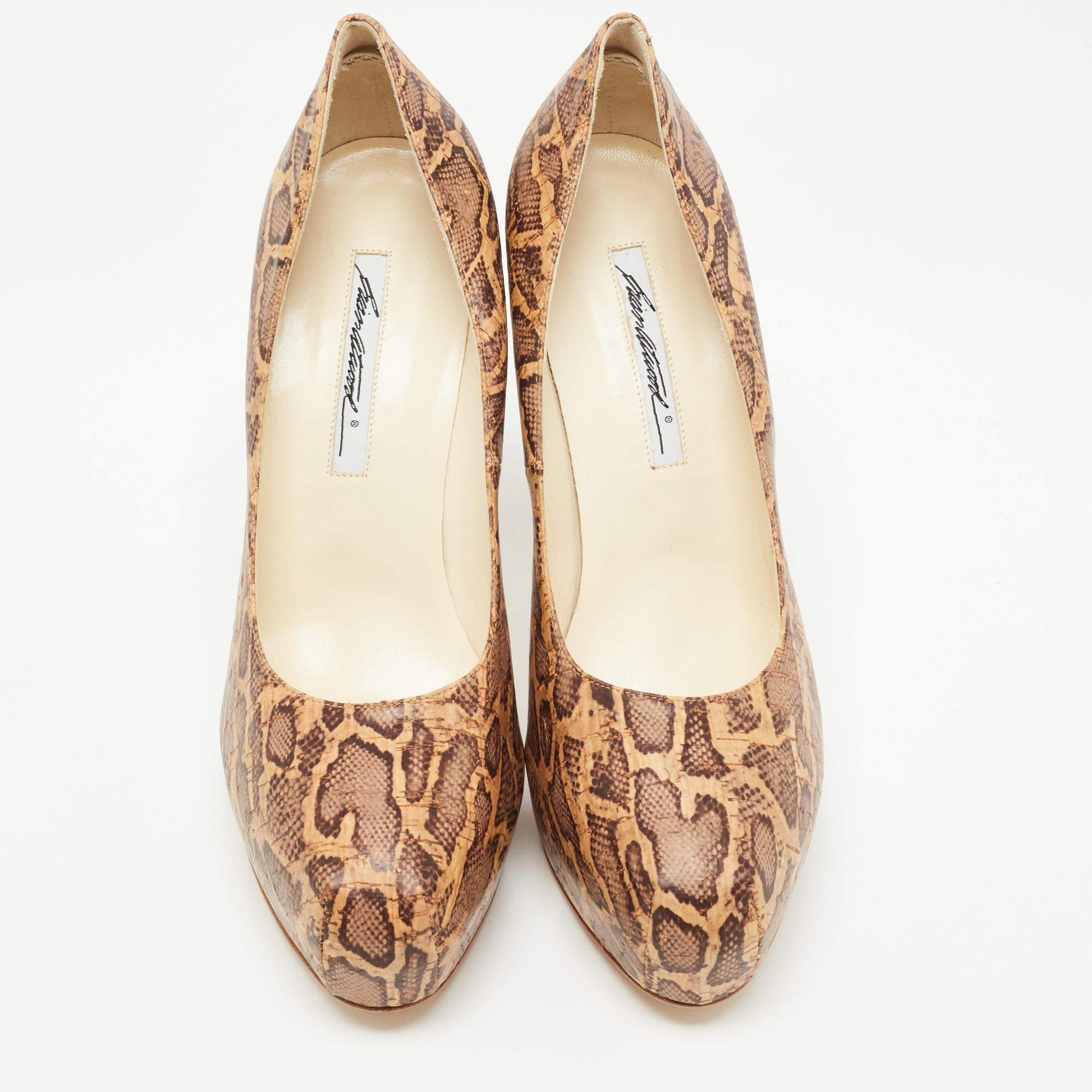 Brian Atwood Brown/Beige Cork Print Platform Pumps Size 41 In New Condition For Sale In Dubai, Al Qouz 2
