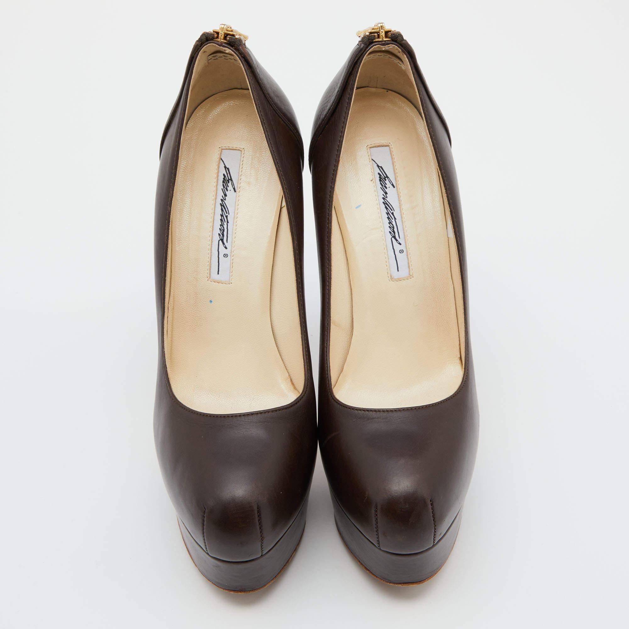 Black Brian Atwood Brown Leather Chain Heel Platform Pumps Size 38.5 For Sale