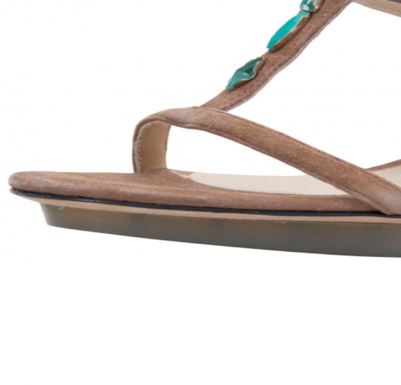 Donna Brian Atwood Brown Suede Donasa Crystal T Strap Sandals Taglia 38 in vendita