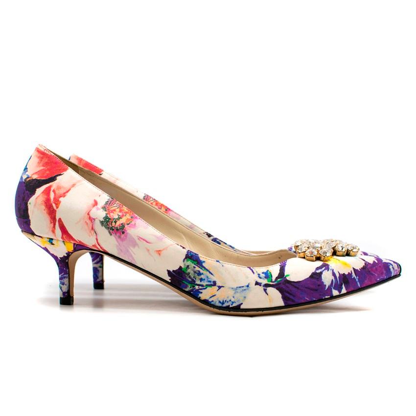 Brian Atwood Floral Pattern Silk Kitten Heel Embellished Pumps

- floral pattern pumps
- kitten stiletto heel
- pointy toe
- white crystal embellishment to the front 

Please note, these items are pre-owned and may show some signs of storage, even