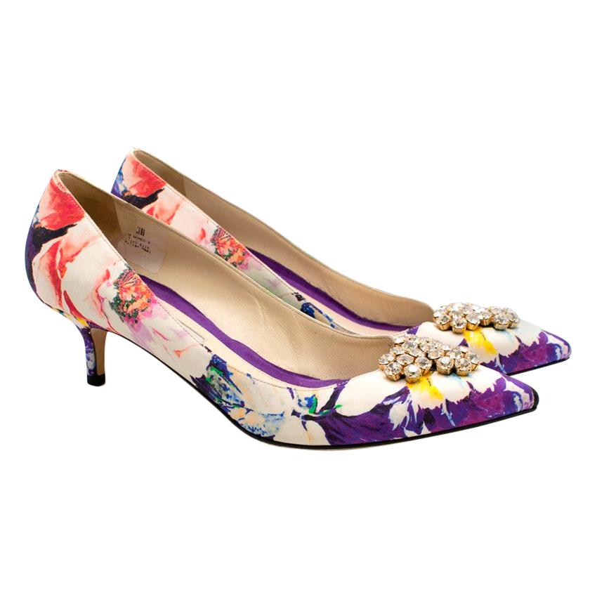 Brian Atwood Floral Pattern Silk Kitten Heel Embellished Pumps size 41 For Sale