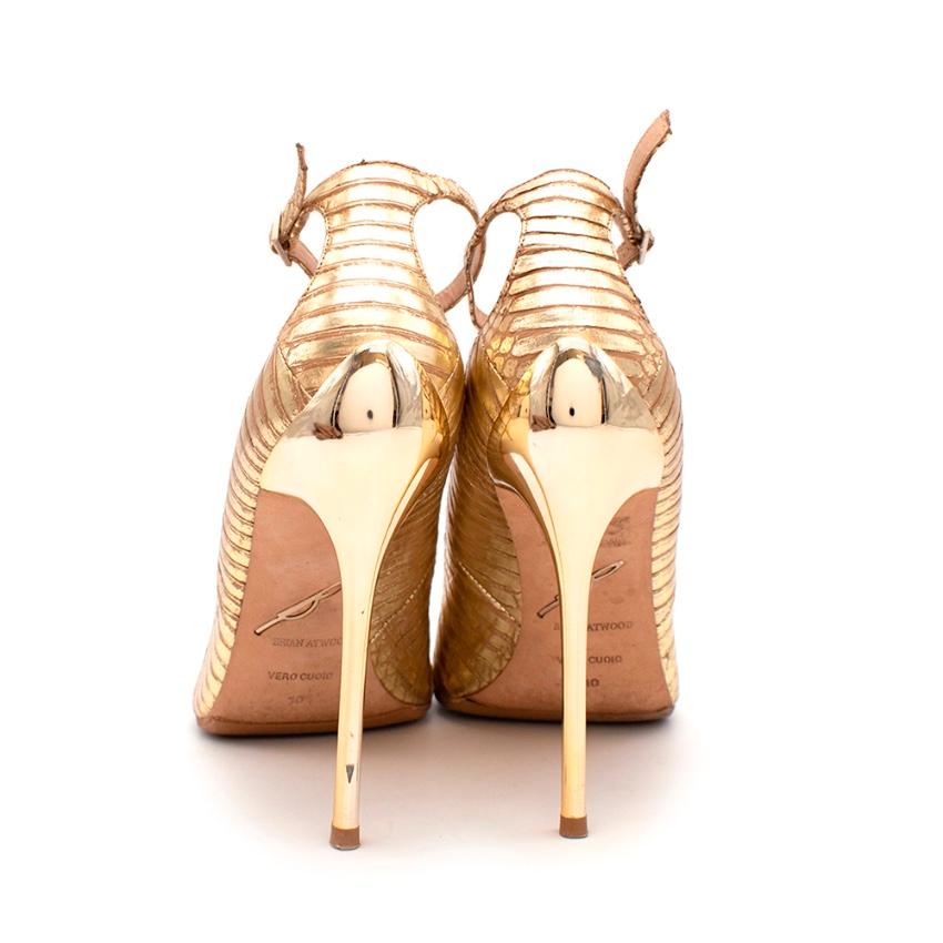 Brown Brian Atwood Gold Snakeskin Embossed Open Toe Sandals - Size 41