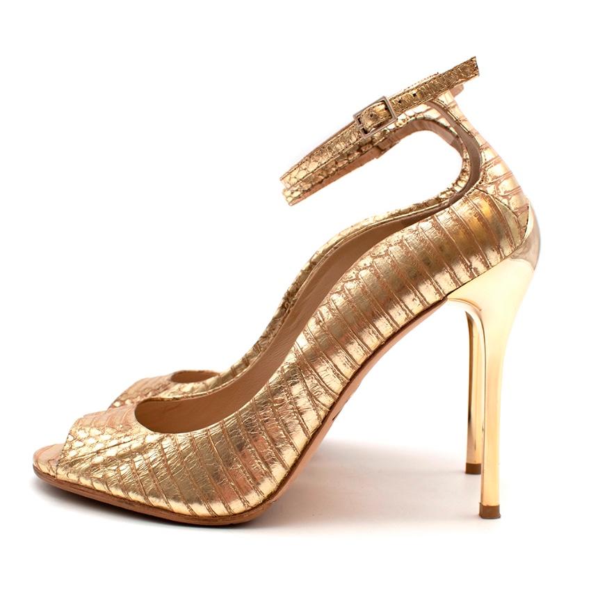 Brian Atwood Gold Snakeskin Embossed Open Toe Sandals - Size 41 2