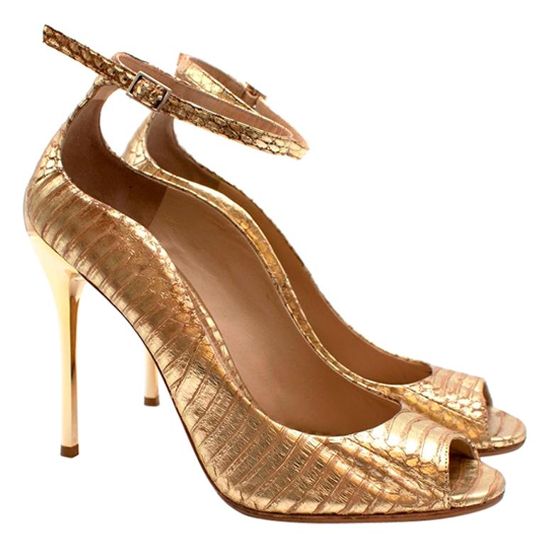Brian Atwood Gold Snakeskin Embossed Open Toe Sandals - Size 41