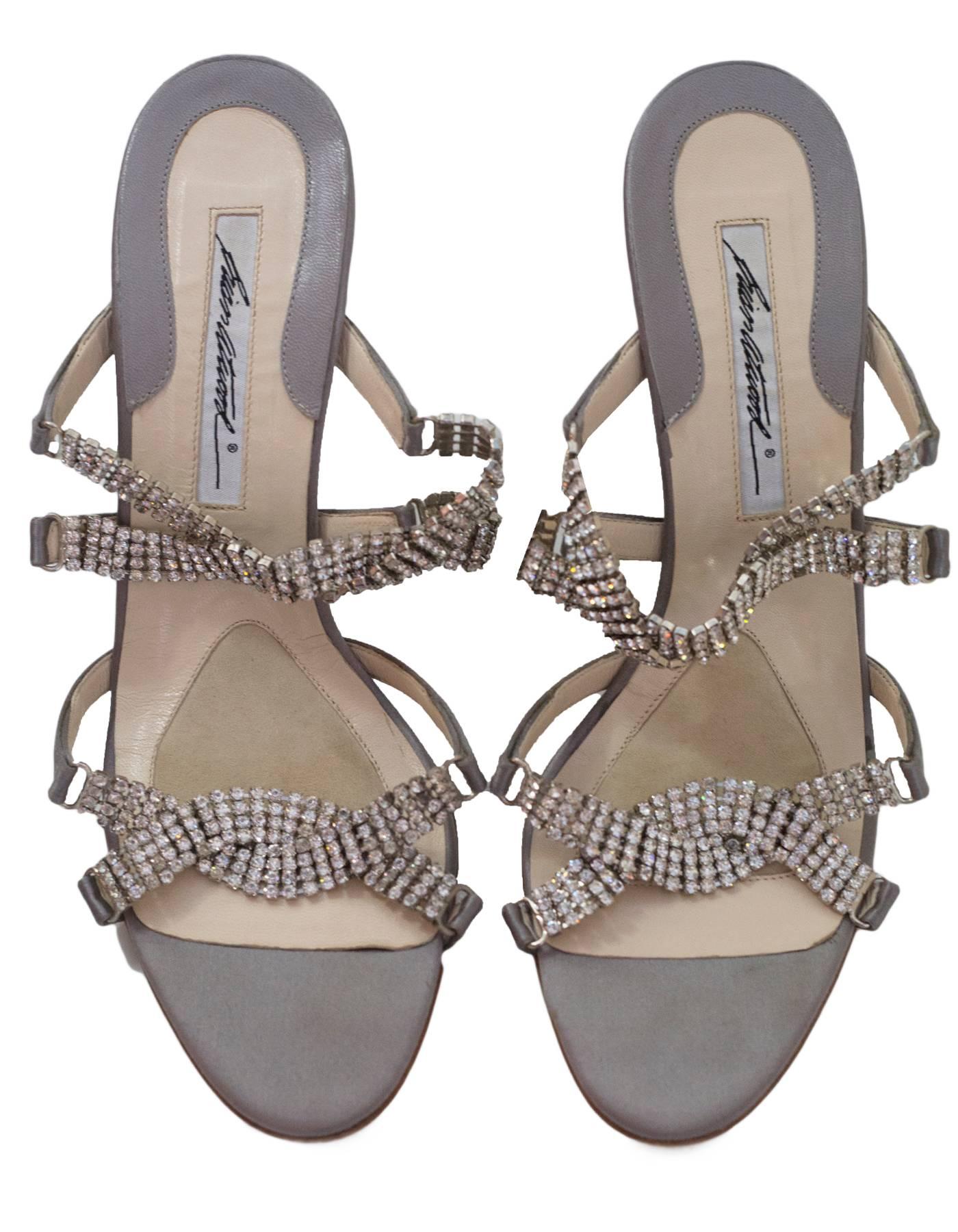 Gray Brian Atwood Grey Satin & Pave Crystal Sandals Sz 39 NEW