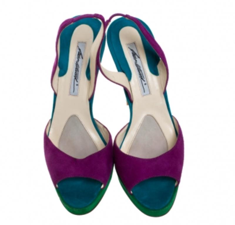 Brian Atwood Multicolor Wildleder Peep Toe Slingback Plateausandalen Größe 39,5 im Zustand „Relativ gut“ im Angebot in Dubai, Al Qouz 2