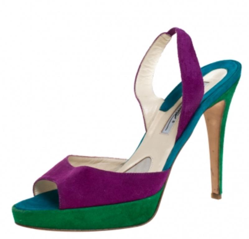 Brian Atwood Multicolor Wildleder Peep Toe Slingback Plateausandalen Größe 39,5 im Angebot 1