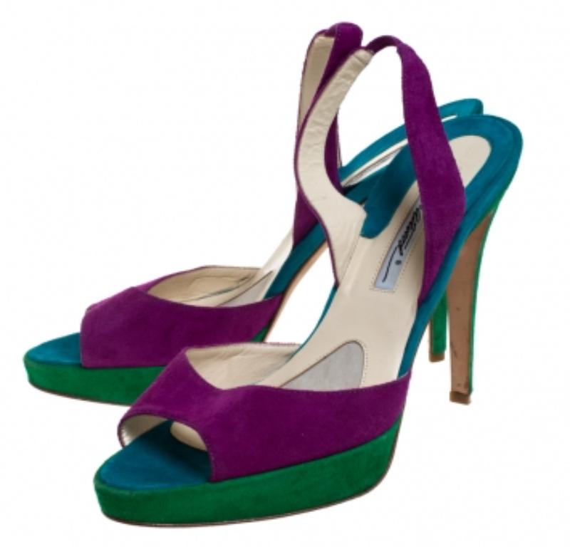 Brian Atwood Multicolor Wildleder Peep Toe Slingback Plateausandalen Größe 39,5 im Angebot 2