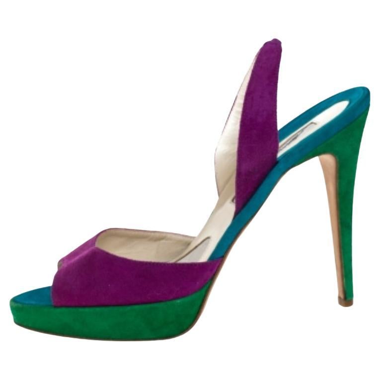 Brian Atwood Multicolor Wildleder Peep Toe Slingback Plateausandalen Größe 39,5 im Angebot