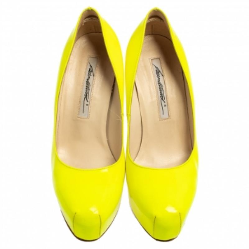 Brian Atwood Neon Green  Patent Leather Platform Pumps Size 36.5 For Sale 1
