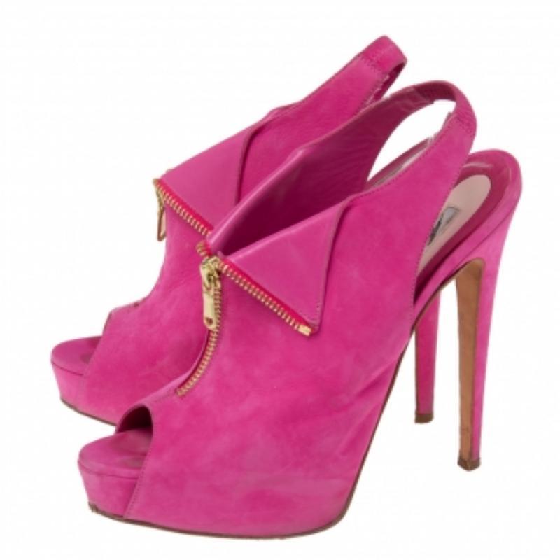 Rose Brian Atwood Cuir nubuck rose  Peep Toe Slingback Platform Sandals Size 38 en vente