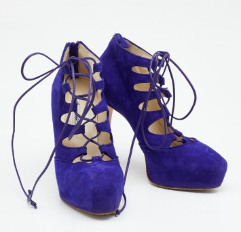Women's Brian Atwood Purple Suede Lace up Booties Size 38.5 For Sale