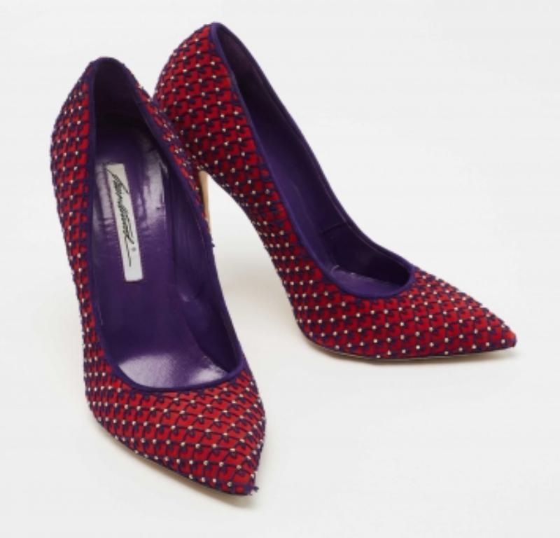Women's Brian Atwood Red/Blue Suede Embroidered and Studded Pumps Size 39