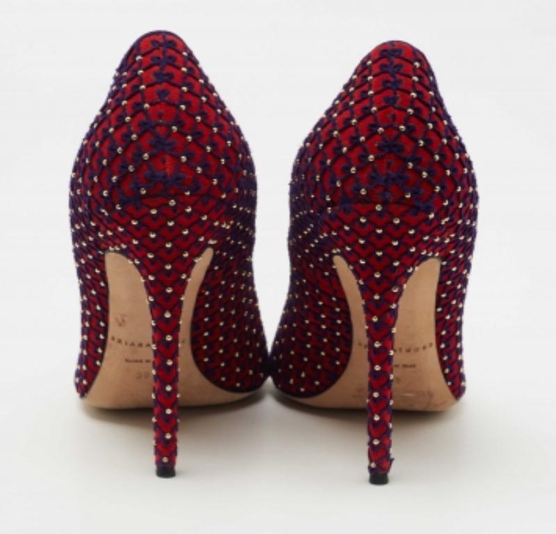 Brian Atwood Red/Blue Suede Embroidered and Studded Pumps Size 39 2