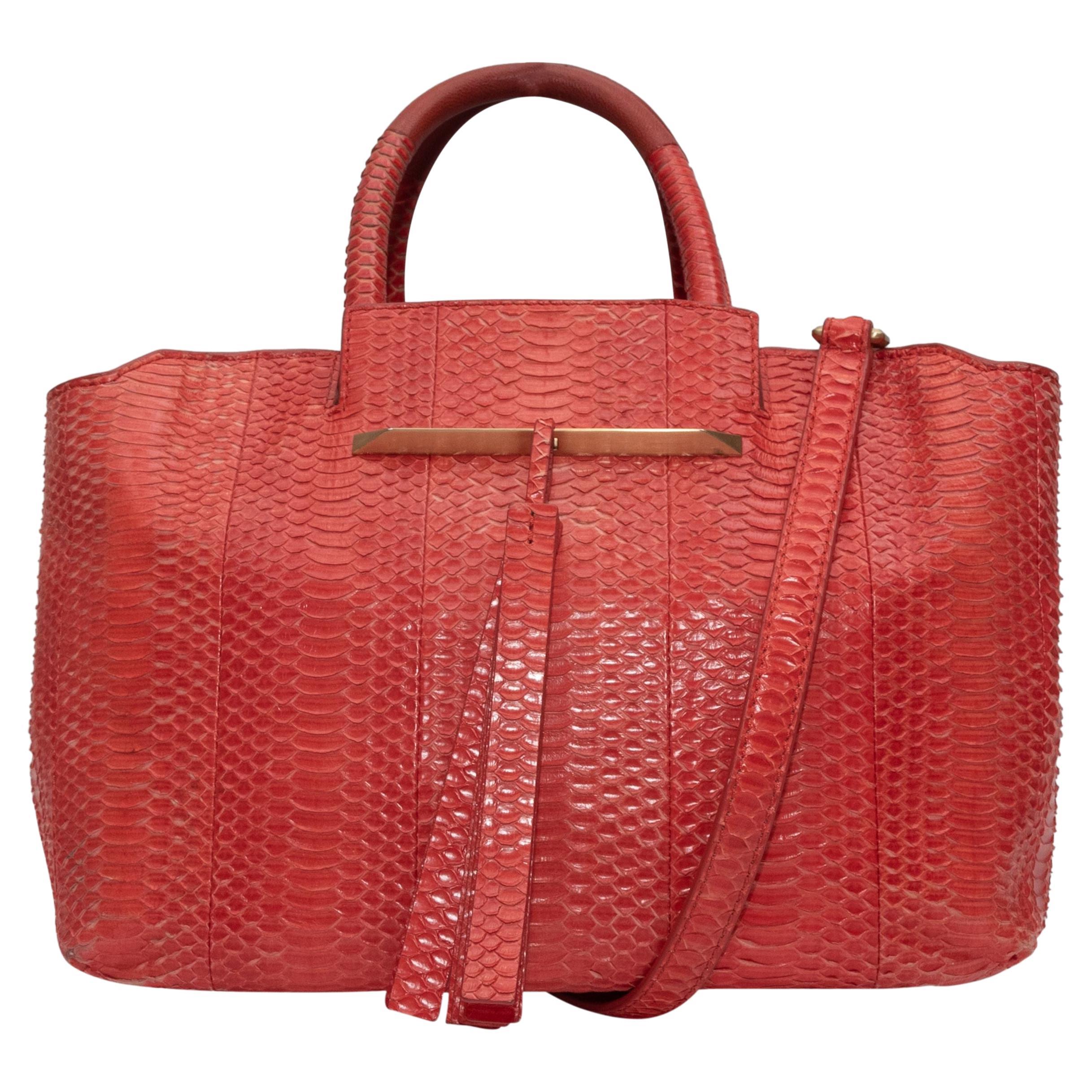 Brian Atwood Red Gloria Snakeskin Small East/West Tote Bag