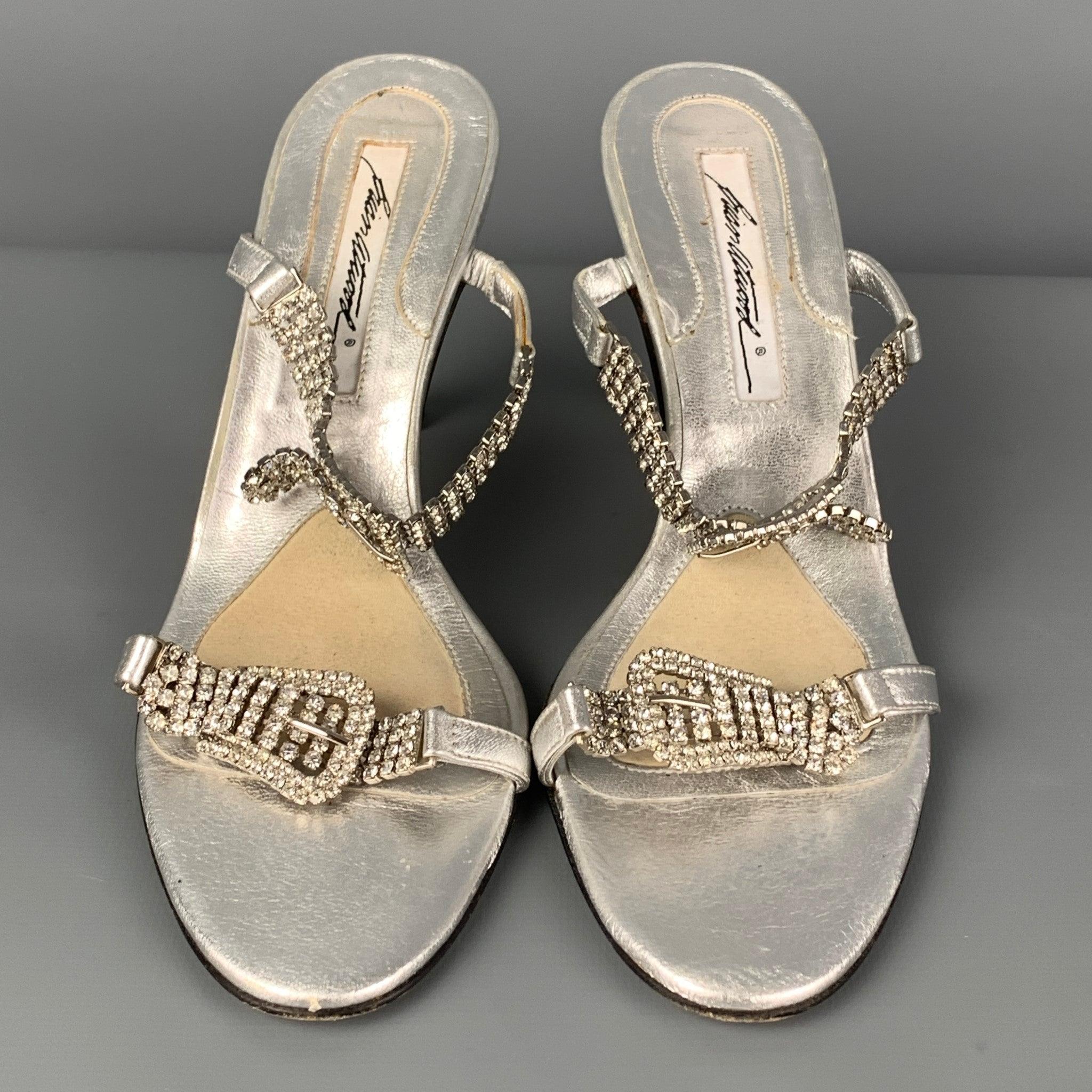 Women's BRIAN ATWOOD Size 6 Silver Leather Rhinestone Strappy Sandals For Sale