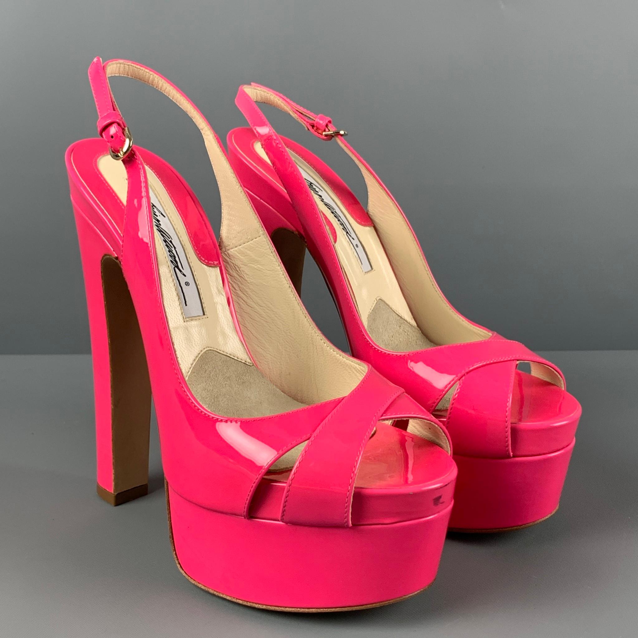 BRIAN ATWOOD sandals comes in a pink patent leather featuring a open toe, platform, ankle strap, and a chunky heel. Made in Italy. 

Good Pre-Owned Condition. Light wear. As-Is.
Marked: 37.5
Original Retail Price: $650.00

Measurements:

Heel: 5.75