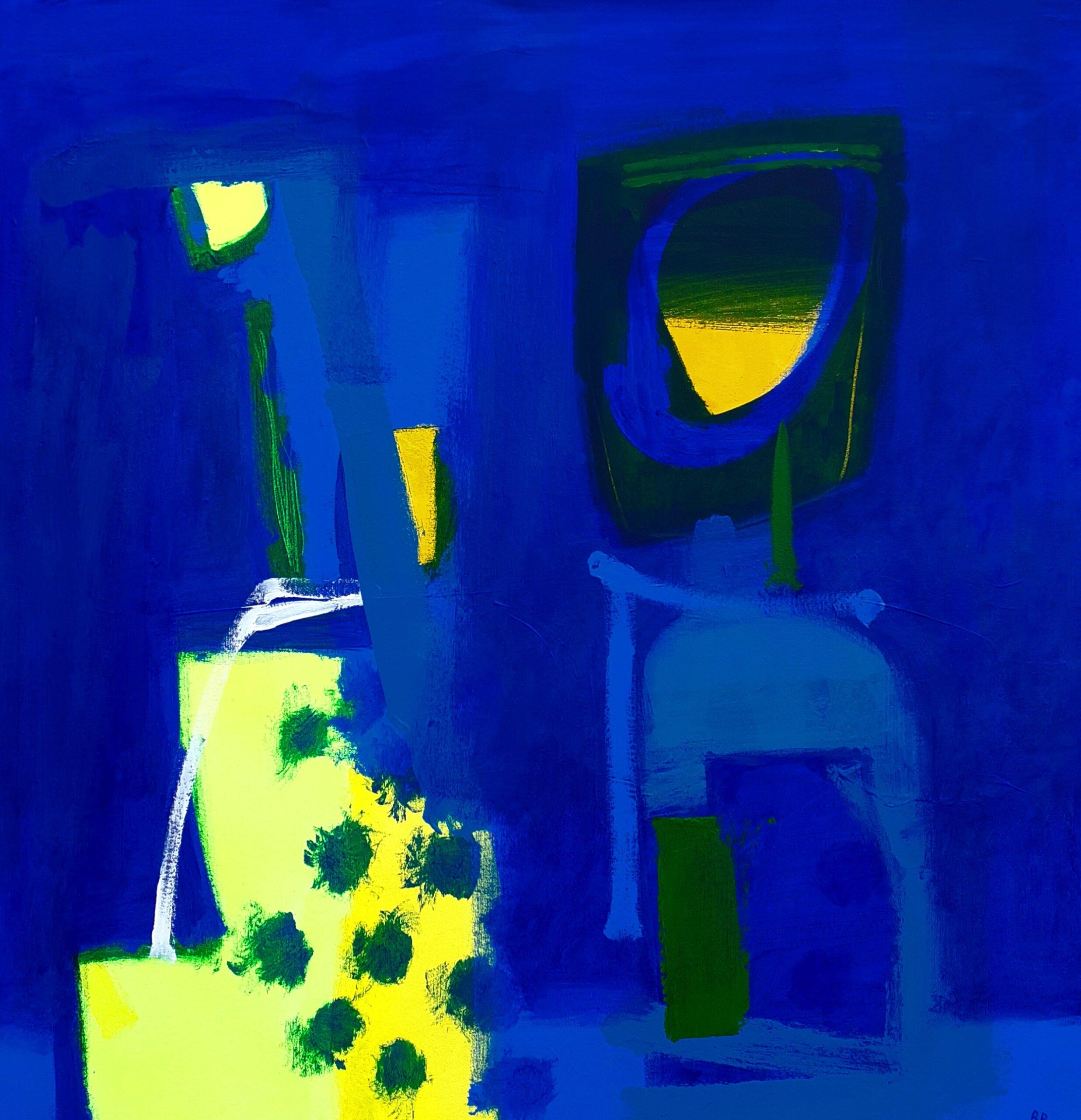 Antonio e Cleopatra - quadro quadrato astratto contemporaneo blu in acrilico in vendita 1