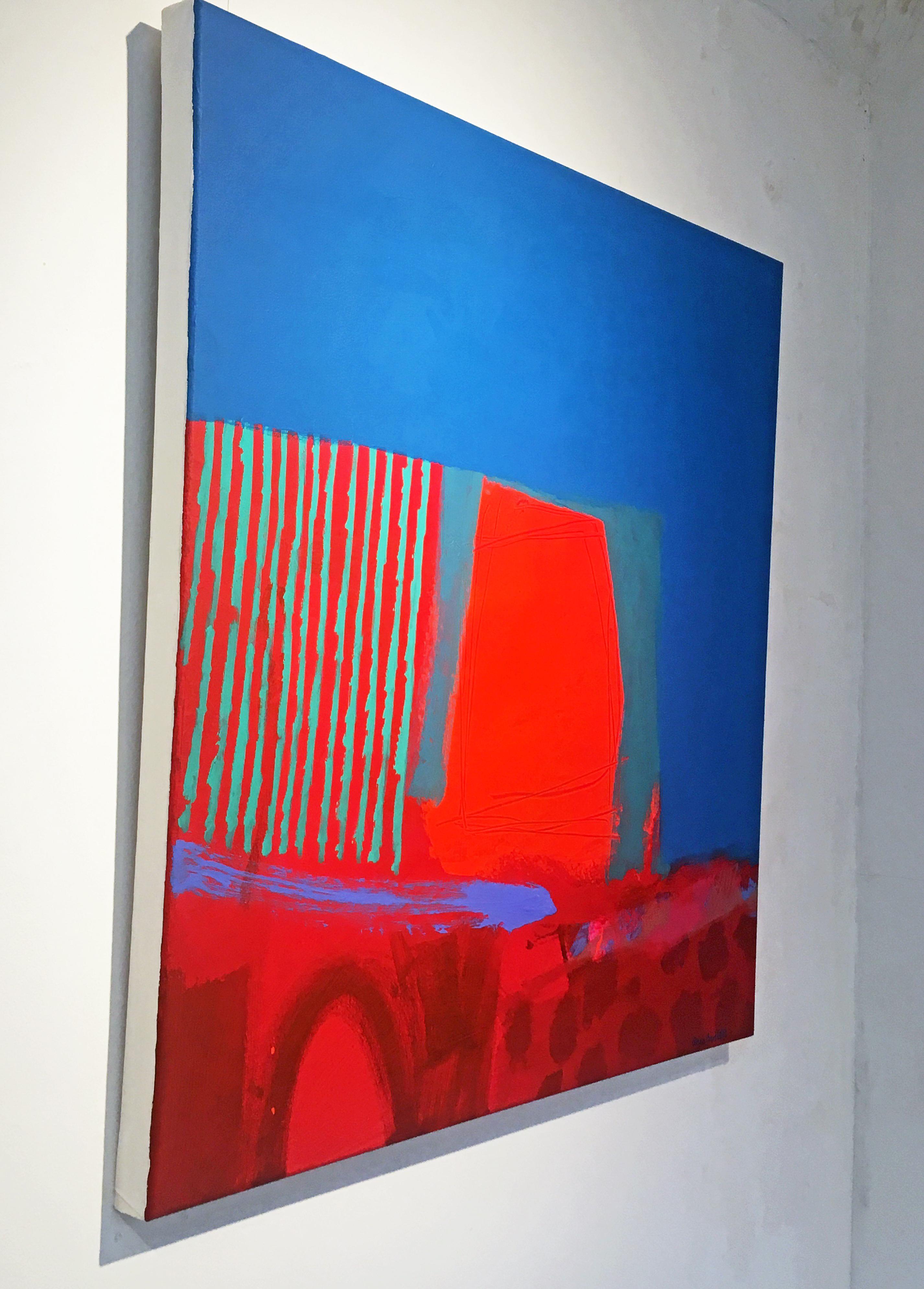 Bolero  -contemporary red and blue abstract painting acrylic on canvas - Painting by Brian Bartlett