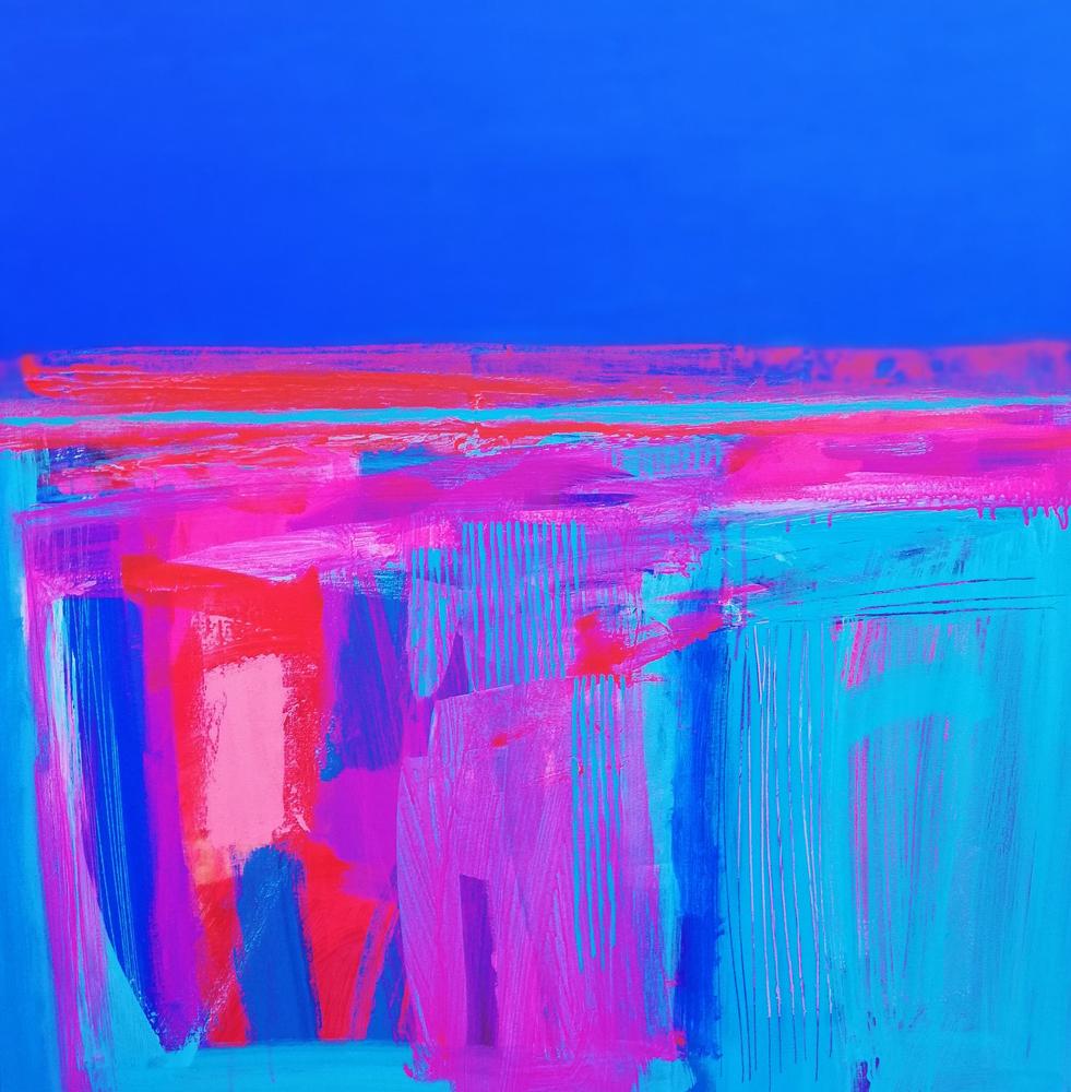 Camargue - contemporary abstract colourful bright blue purple acrylic painting - Painting by Brian Bartlett
